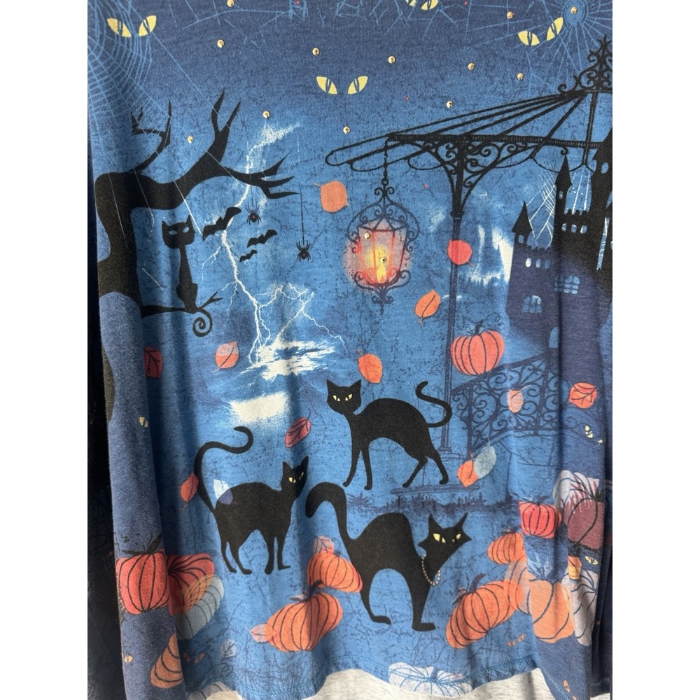 Vtg Y2K Allover Graphic Halloween 3/4 Sleeve Top Black Cat Studded Pumpkin 2XL - Picture 4 of 7
